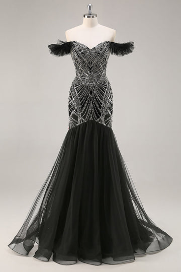 Sparkly Beaded Mermaid Ruffled Black Long Formal Dress with Sequins